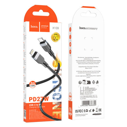 Кабель type-c hoco x109 lightning 3m (60w) черный