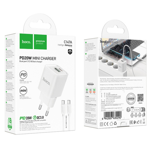 Сзу hoco c147a type-c to type-c (pd20w) белый