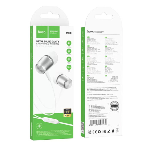 H/f (3.5mm) hoco m108 с микрофоном серебристые