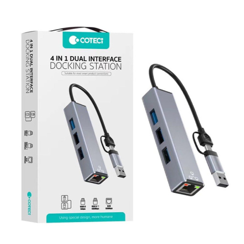 Хаб 4в1 usb-a/c+rj45 coteci 16023 cерый