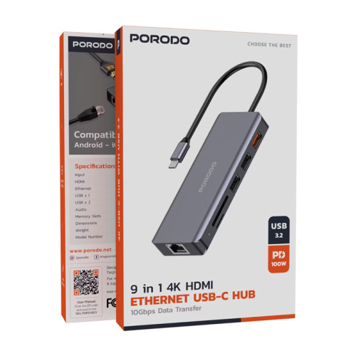 Hub-адаптер porodo pd-91chb-gy type-c/hdma/usb/sd серый