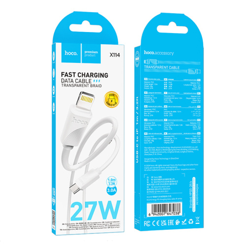 Кабель type-c hoco x114 lightning (3.0a) 1m белый