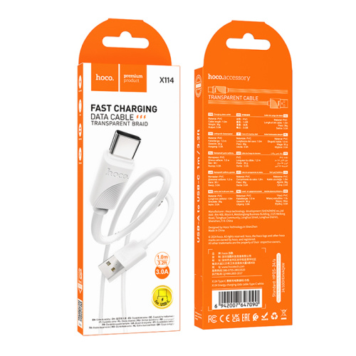 Кабель usb hoco x114 type-c 3,0a 1m белый 