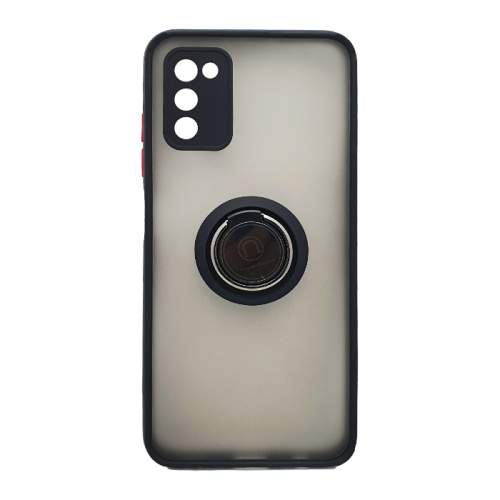 Чехол-силикон матовый с кольцом закрытой камерой красные кнопки Samsung a03s черный