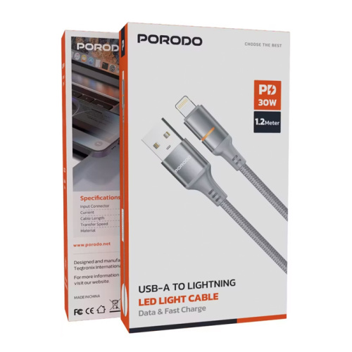 Кабель usb porodo (pdcbl0027gyc) lightning (30w) серый