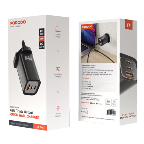 Азу porodo pd-fwch037-bk type-c/usb (36w/36w) черный