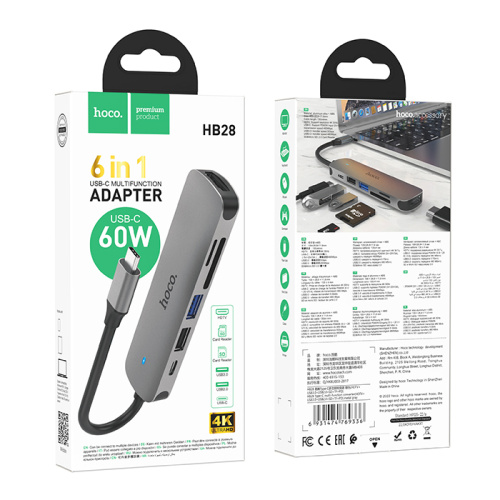 Usb hub hoco hb28 6в1 серый