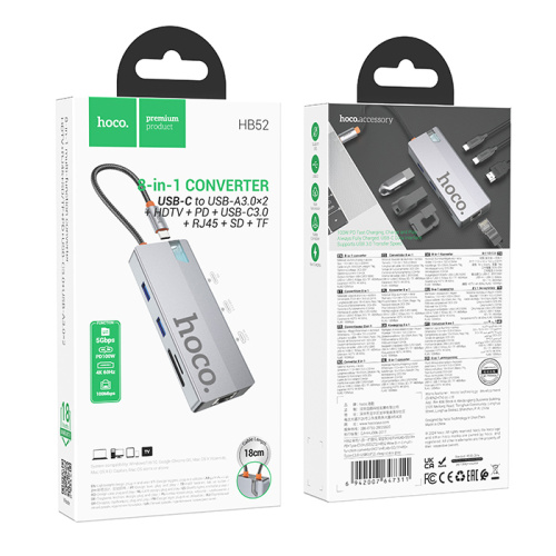 Usb hub hoco hb52 8в1 серый