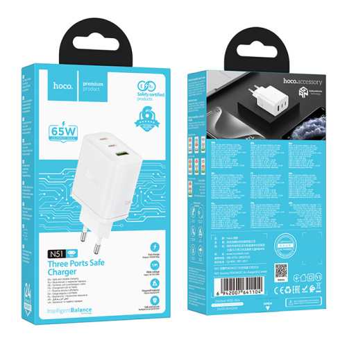 Сзу hoco n51 usb/c2 (65w) белое