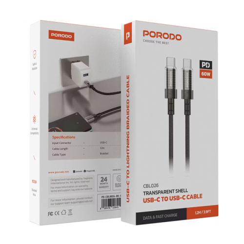 Кабельtype-c porodo (pd-cbl0026-bk-c) c/c (60w) черный