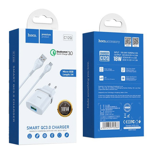 Сзу hoco c12q micro (usb/18w) белый