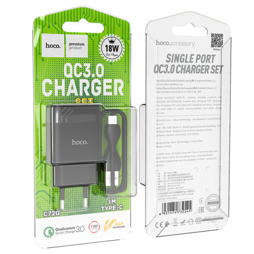 Сзу hoco c72q type-c (usb/18w/3a) черный
