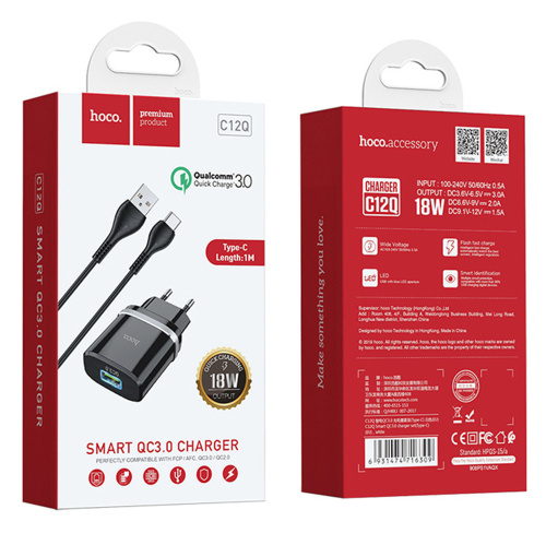 Сзу hoco c12q type-c (usb/18w) черное