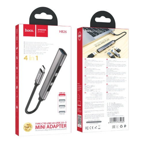 Переходник hoco hb26 (type-c to usb3.0+usb2.0*3) cерый 
