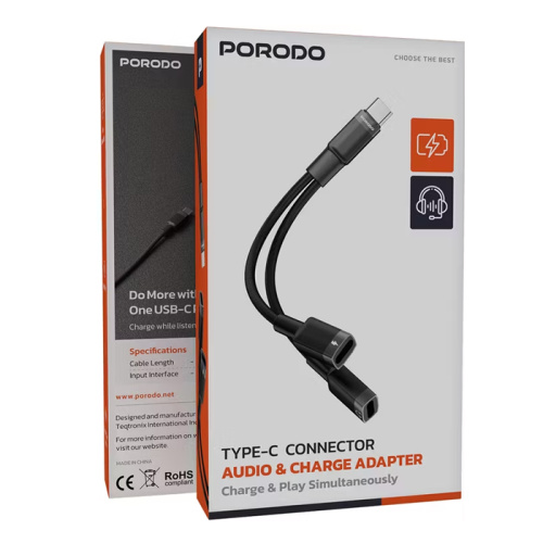 Переходник конектор porodo pdc2ccjhcbk type-c на 2type-c черный