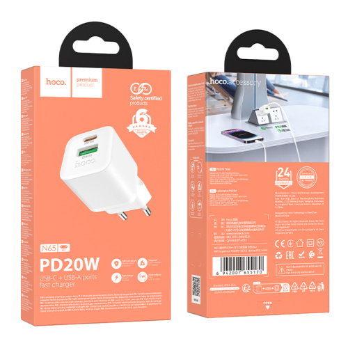 Сзу hoco n65 (usb-c/usb-a/pd20w) белое