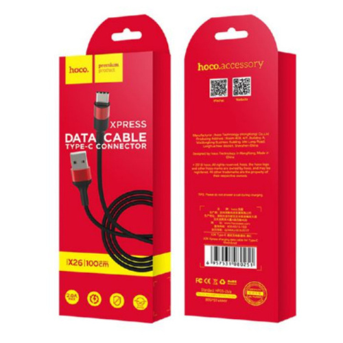 Кабель usb hoco x26 type-c 1m (3a) красно-черный