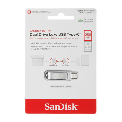 256gb (3.2) usb sandisk dual drive luxe (400mb/s) серебристый