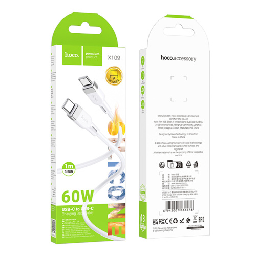 Кабель type-c hoco x109 type-c 1m (60w) белый