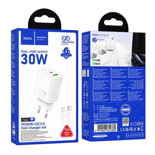 Сзу hoco n63 type-c to lightning (pd30w) белый