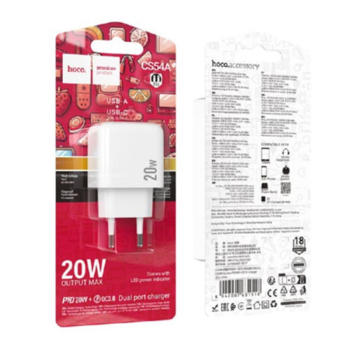 Сзу hoco cs54a usb/c (pd20w/qc3.0) белое