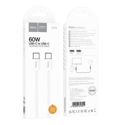 Кабель type-c hoco x104 type-c (60w) 2m белый