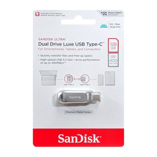 128gb (3.2) usb sandisk dual drive luxe (400mb/s) серебристый
