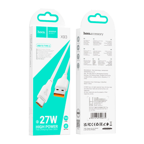 Кабель usb hoco x93 type-c 1m (27w) белый
