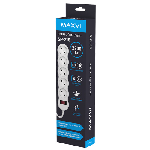 Сетевой фильтр maxvi sp-218 2300вт (5 розеток) 1,8м белый