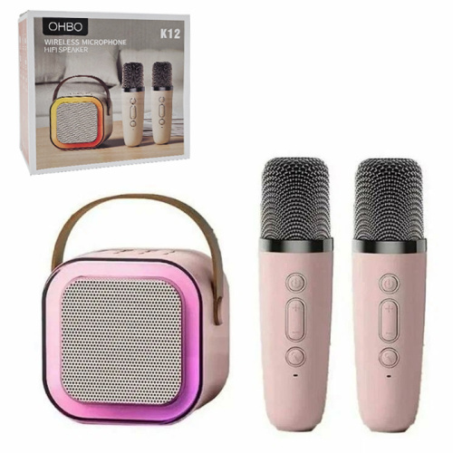 Колонка ohbo k12 с 2 микрофонами для караоке розовая
