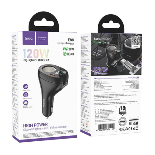 Fm-модулятор hoco e88 (pd20w/qc3.0) черный