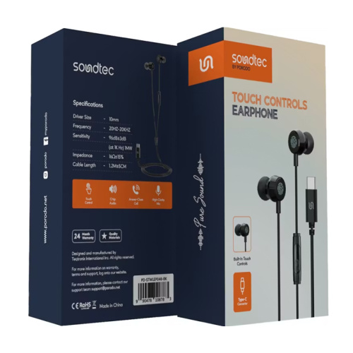 H/f (type-c) porodo soundtec pd-stwlep048-bk sensor черные