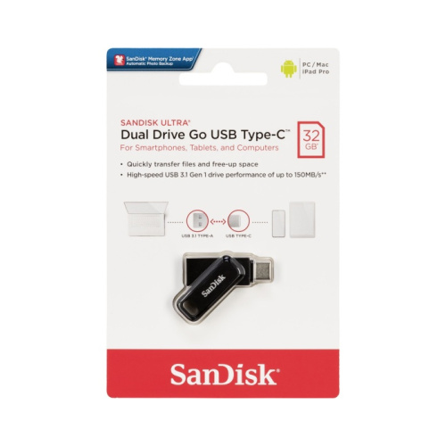 32gb (3.1) usb/c sandisk dual drive go (150mb/s) черный