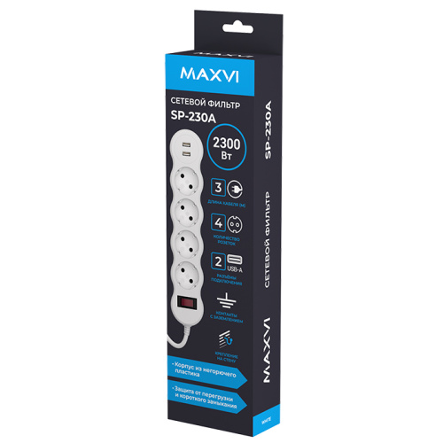 Сетевой фильтр maxvi sp-230a 2300вт (4 розеток/2usb) 3м белый