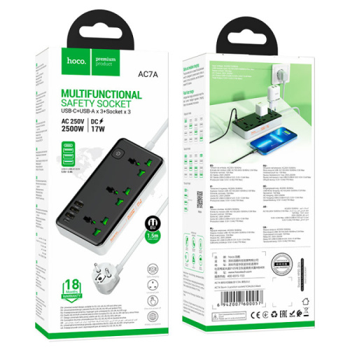 Удлинитель hoco ac7a 1c/3usb/3 розетки 1.5м 2500w бело-черный