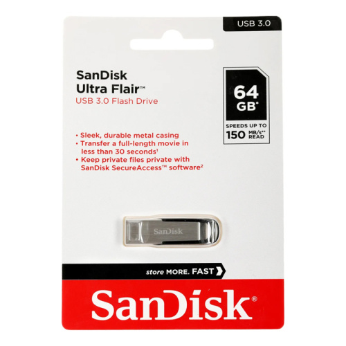 64gb (3.0) usb sandisk ultra flair (150mb/s) серебристая