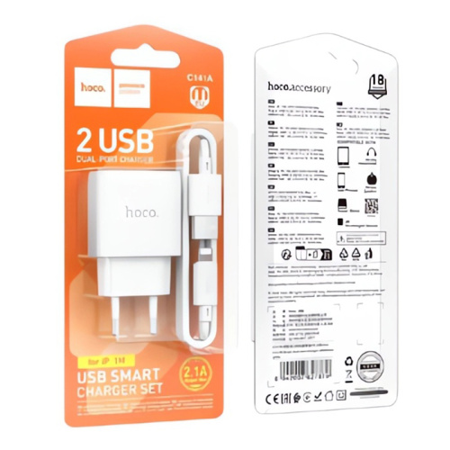 Сзу hoco c141a lightning (2usb/2.1a) белое