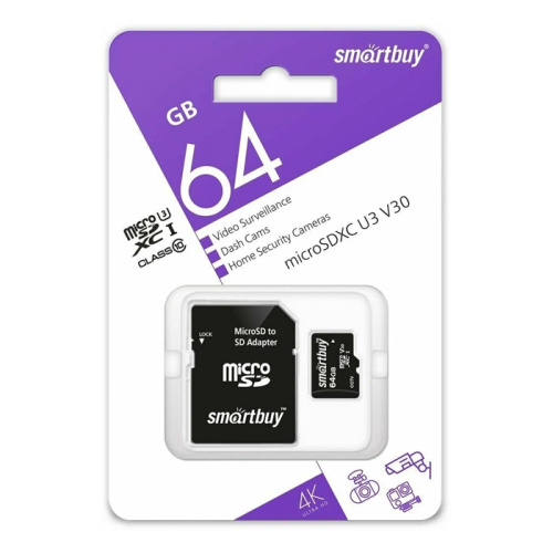 Micro sd 64gb smartbuy class 10 uhs-i v30 для видеонаблюдения + sd адаптер
