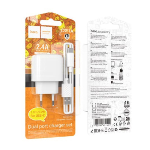 Сзу hoco cs51a type-c (2usb/2.4a) белое