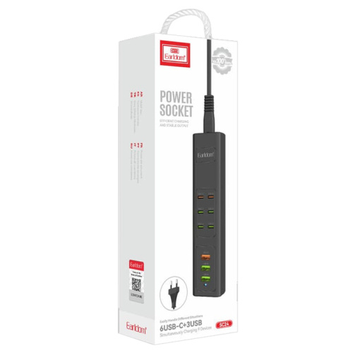 Удлинитель earldom sc24 6usb-c+3usb черный