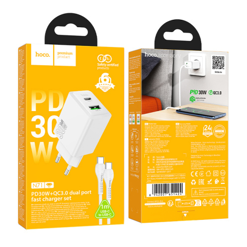 Сзу hoco n71 type-c to type-c (pd30w/qc3.0) белое