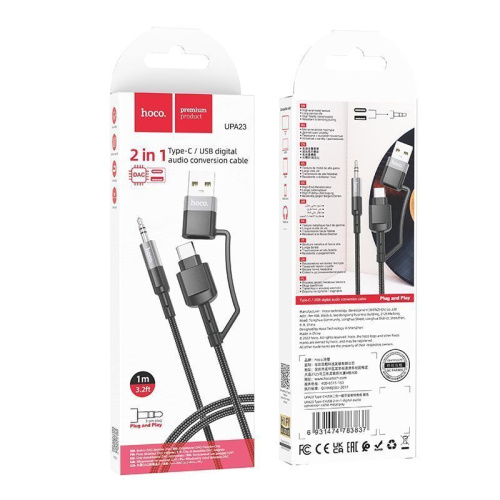Шнур aux hoco upa23 type-c + usb2.0 на 3.5мм 1м черный
