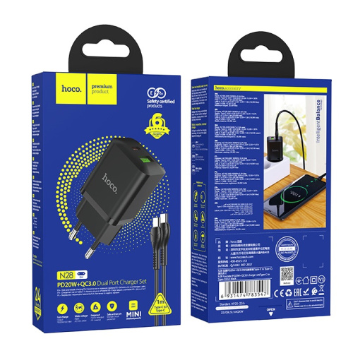 Сзу hoco n28 type-c/type-c (usb/qc3.0/pd20w) черный