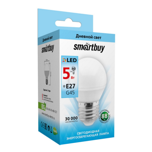 Лампа светодиодная smartbuy gl45 5вт 220v 4000k e27 (глоб, нейтральный свет) (1/10/50)