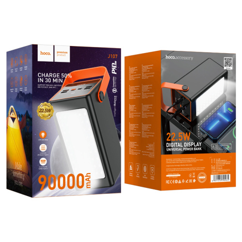Пзу hoco j107 90000mah (4usb/ip/type-c/pd/22.5/20w/led лампа) черный