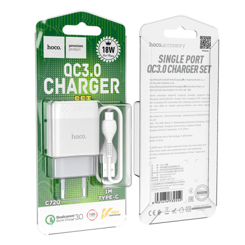 Сзу hoco c72q type-c (usb/18w/3a) белый 