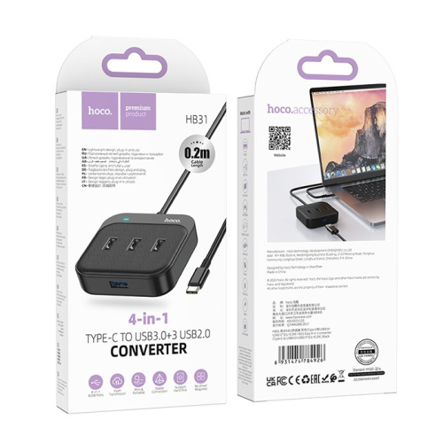 Переходник hoco hb31 (type-c to usb2.0*4) черный