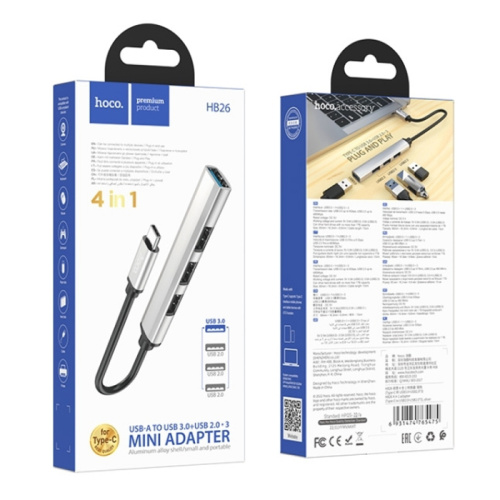 Переходник hoco hb26 (type-c to usb3.0+usb2.0*3) cеребристый