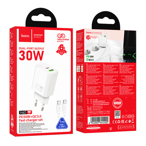 Сзу hoco n63 type-c/type-c (pd30w+qc3.0) белое