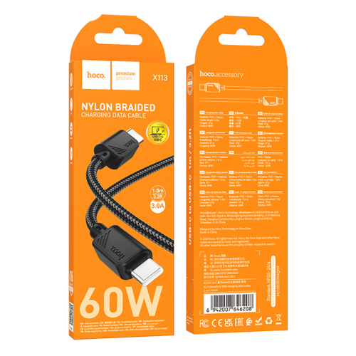 Кабель type-c hoco x113 type-c 1m (60w) черный